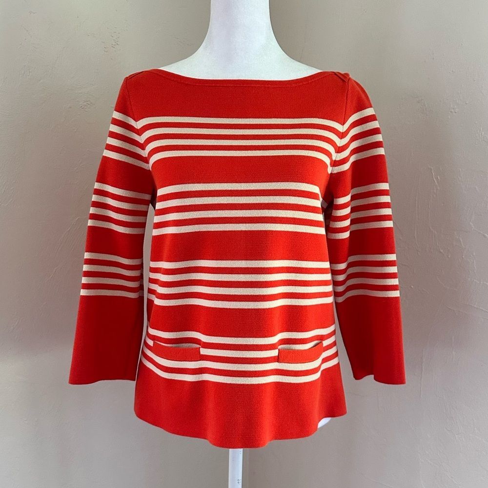 J. Crew Boatneck Popover Sweater in Orange Knit w/ Cream Stripes Pockets Size S